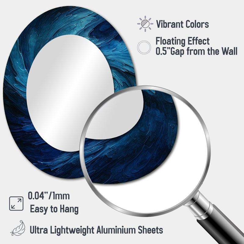 Blue Swirl Wave Spiral I - Abstract Spirals Large Mirror, Blue Decorative Wall Mirror, Printed Metal Art, 43" x 33", Oval