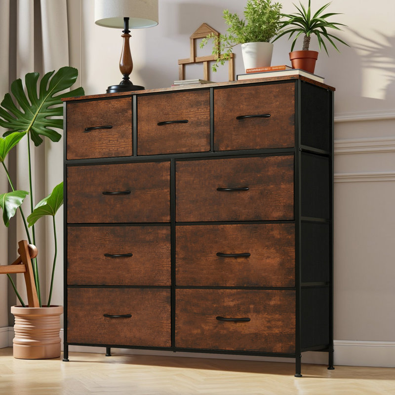 9 Dresser, Chest of Drawers with Wide 39.4'', Easy-Pull Fabric & Wood Dressers with Top, Brown