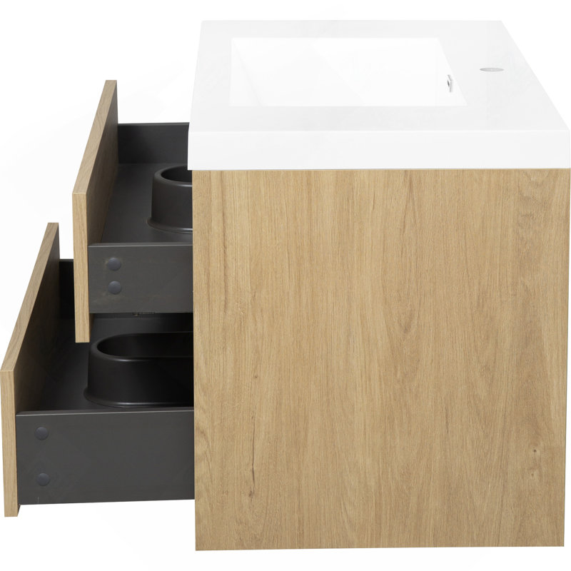 Meuble-lavabo mural 36 po avec lavabo, meuble de rangement flottant avec comptoir en résine de pierre et tiroirs à fermeture en douceur, chêne naturel