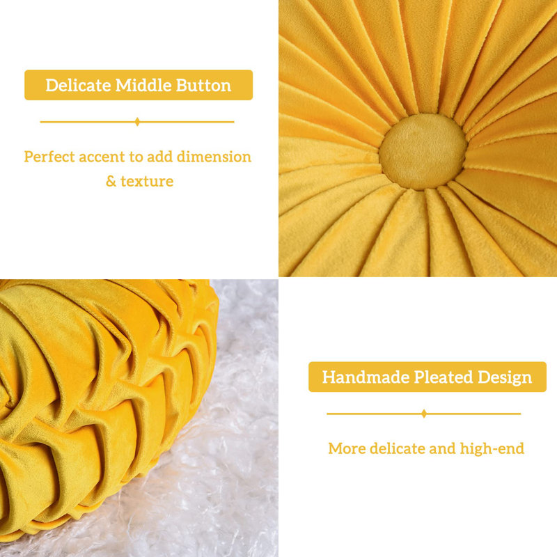 Set of 2 Yellow Velvet Round Pleated Throw Pillows