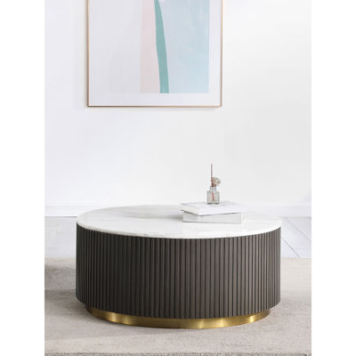Table basse à plateau rond en marbre blanc et gris anthracite Sennewald L 35,0 po x l 35,0 po x H 15,5 po