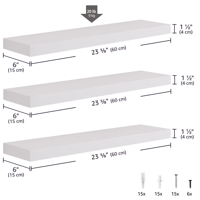 Sydney 24" W x 6" D Floating Shelves Set with Invisible Wall Mount Brackets, White