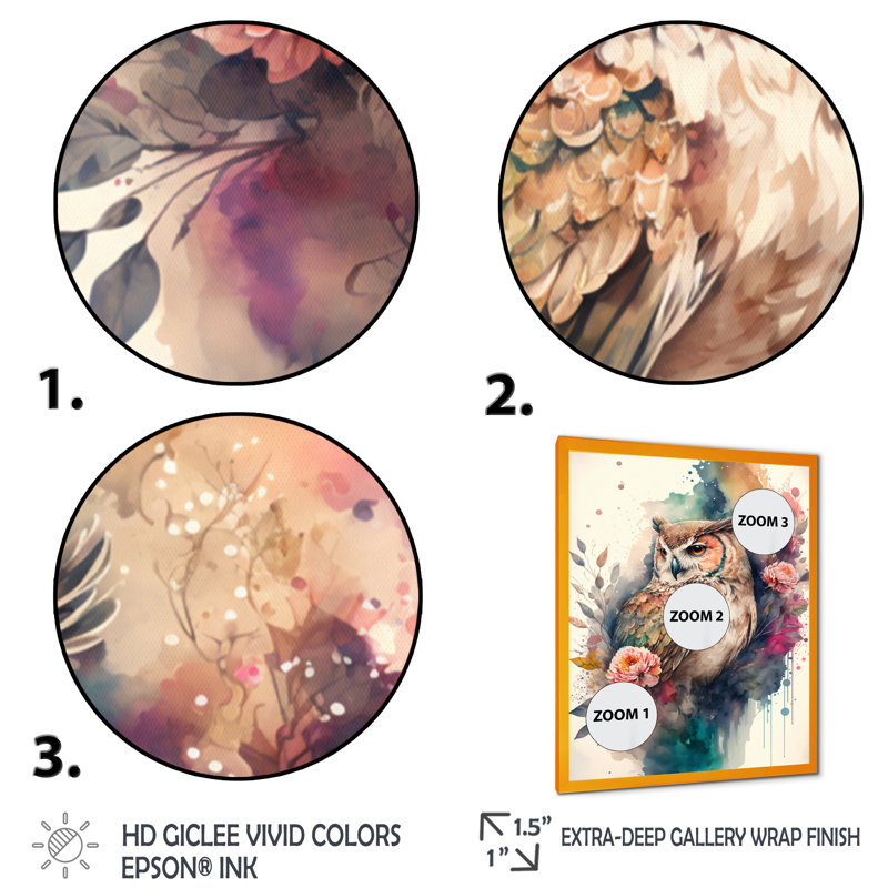 «Cute Owls Floral II», impression sur toile, H 20 po x l 12 po x P 1 po, Cadre photo doré