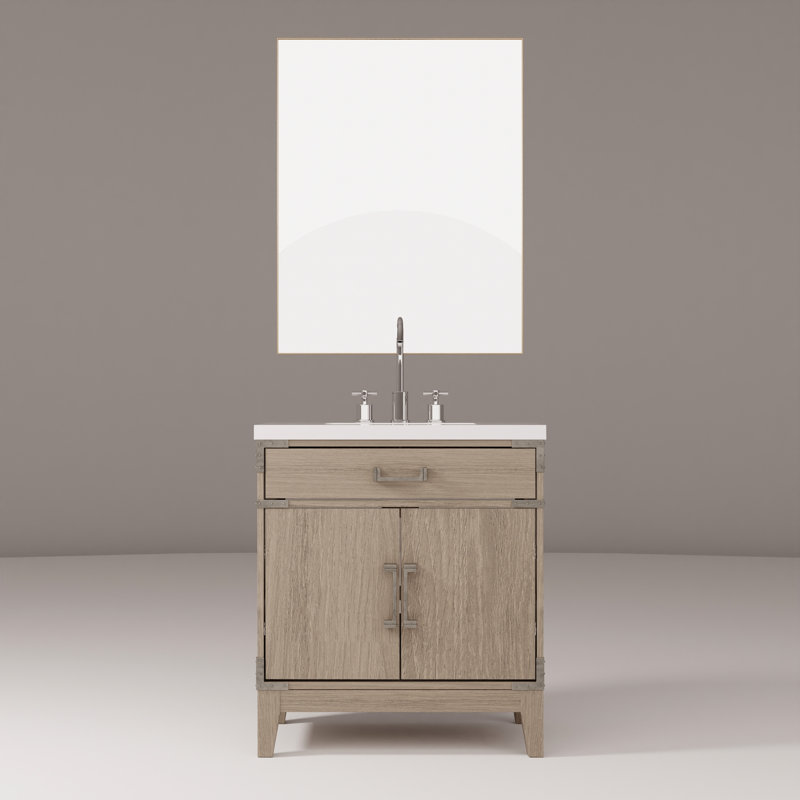 30 po Armoire de salle de bain en chêne gris X 22, comptoir en quartz blanc, miroir 28 et meuble-lavabo