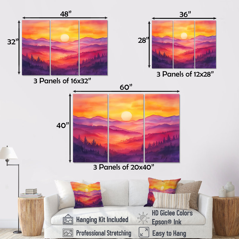 Ensemble de décoration murale coucher de soleil avec fleurs sauvages I, Toile tendue, H 28 po x l 36 po, Ne s’applique pas
