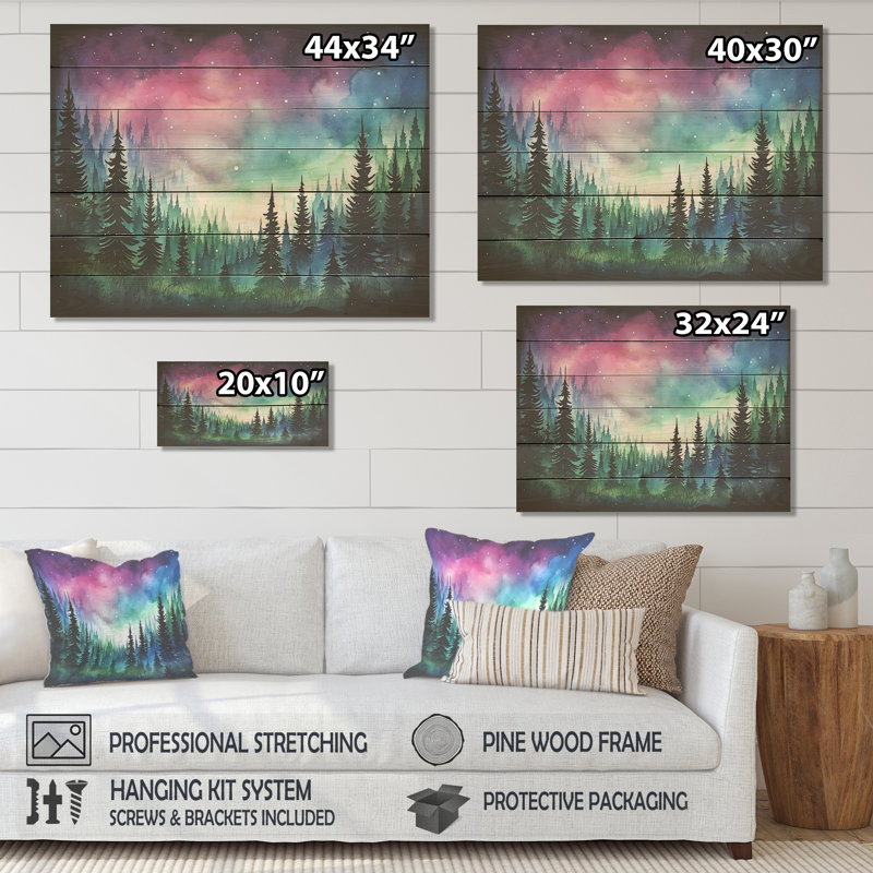 Mauve aurore boréale I - montagnes d'hiver sur bois, H 10 po x l 20 po x P 0,78 po