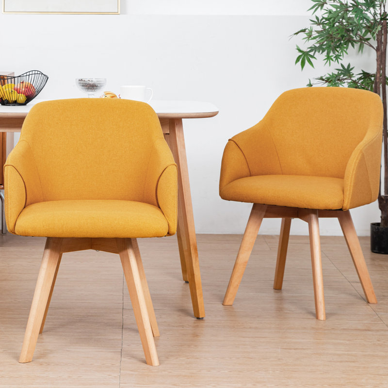 Yellow Linen Upholstered Swivel Dining Chairs with Beech Wood Legs, Set of 2
