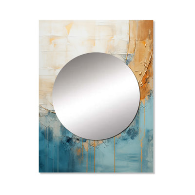 Ireanna Gold And Blue Paint Fusion I - Abstract Painting Decorative Mirror, Beige Wall Mirror, Printed Metal Art