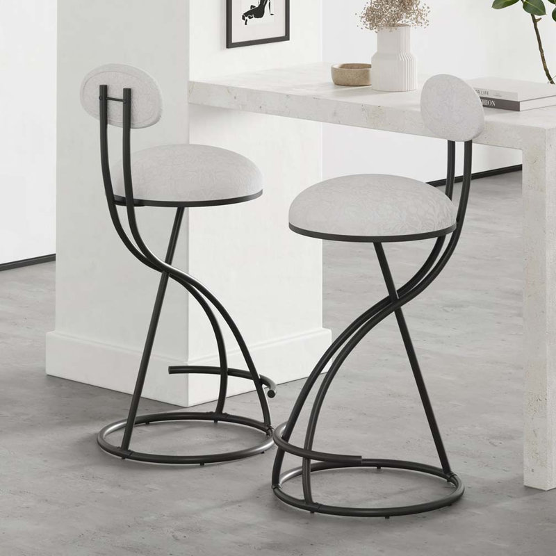 Hilaree Upholstered Counter Stool with Metal Frame, Floral White, Black