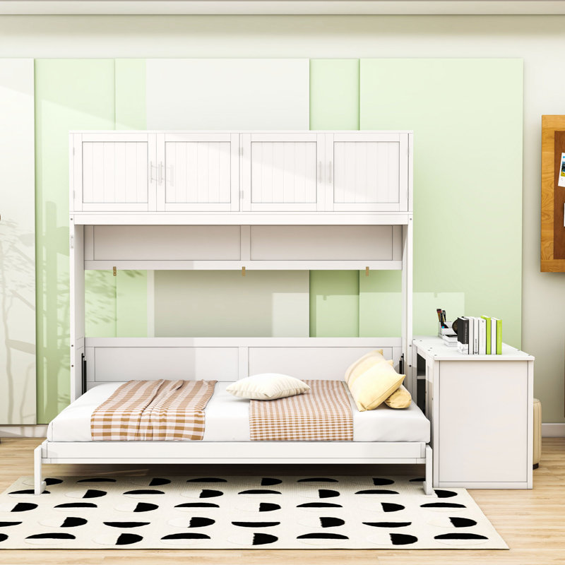 Grand lit escamotable mural avec bureau, armoires de rangement et tablettes, Blanc