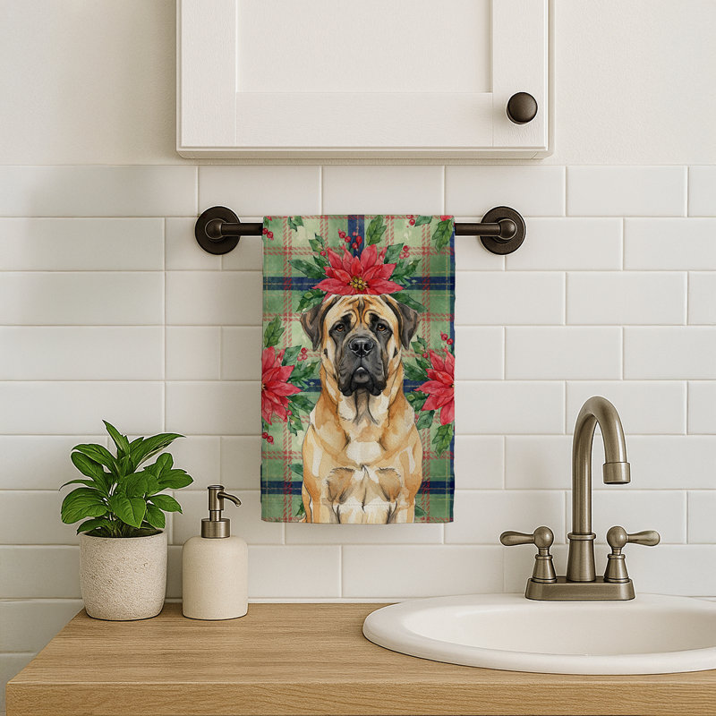Fawn Mastiff Christmas PoinsettIas Kitchen Towel, Fawn Mastiff