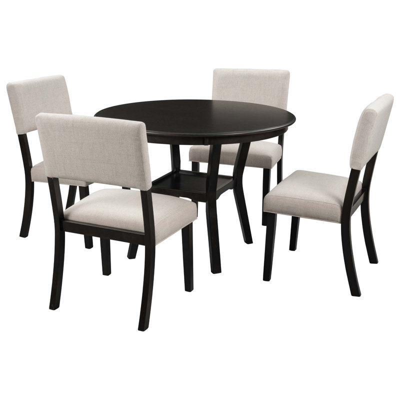 5-Piece Kitchen Dining Table Set Round Table With Bottom Shelf, 4 Upholstered Chairs For Dining Room