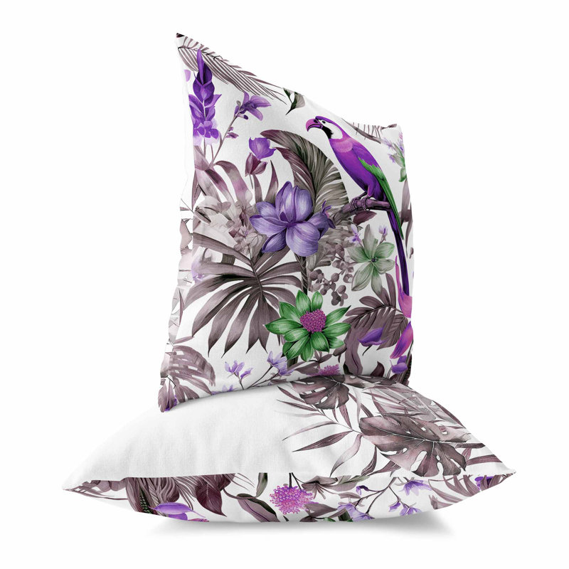 Coussin décoratif réversible d'intérieur / extérieur Leafy Lyricist, Blanc / floral mauve, H 16 po x l 16 po