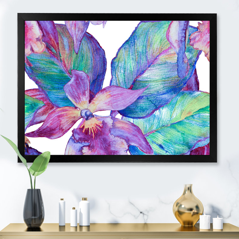 Turquoise et orchidée mauve - peinture sur toile, H 30 po x l 40 po, Cadre noir