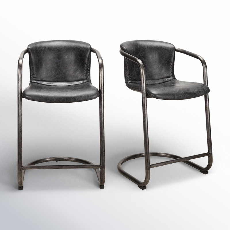 Freeman Bar Stool, Counter Stool (25" Seat Height), Black Genuine Leather