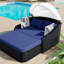 Lit de bronzage d'extérieur 79,9 "avec auvent réglable, double méridienne, lit de repos en rotin PE, osier noir et coussin bleu