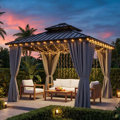 Outdoor Metal Hardtop Patio Gazebo with Privacy Curtain and Mosquito Netting