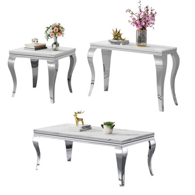 Faux Marble Coffee Table Set of 3, Modern Living Room Table Set Includes 1 Coffee Table, 1 Console Sofa Table and 1 End Side Table for Living Room, White Faux Marble Top with Stainless Steel Frame