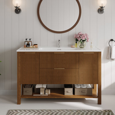 48''Freestanding Bathroom Vanity with White Integrated Ceramic Sink, Fluted Wood-Veneer Bathroom Cabinet with Storage Drawers & Side Cabinets, Modern Farmhouse Single Sink Vanity Cabinet