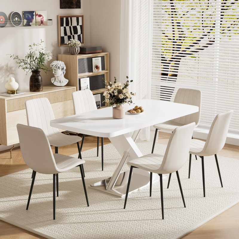 Rectangular Extendable Dining Table set, 7, White, Beige