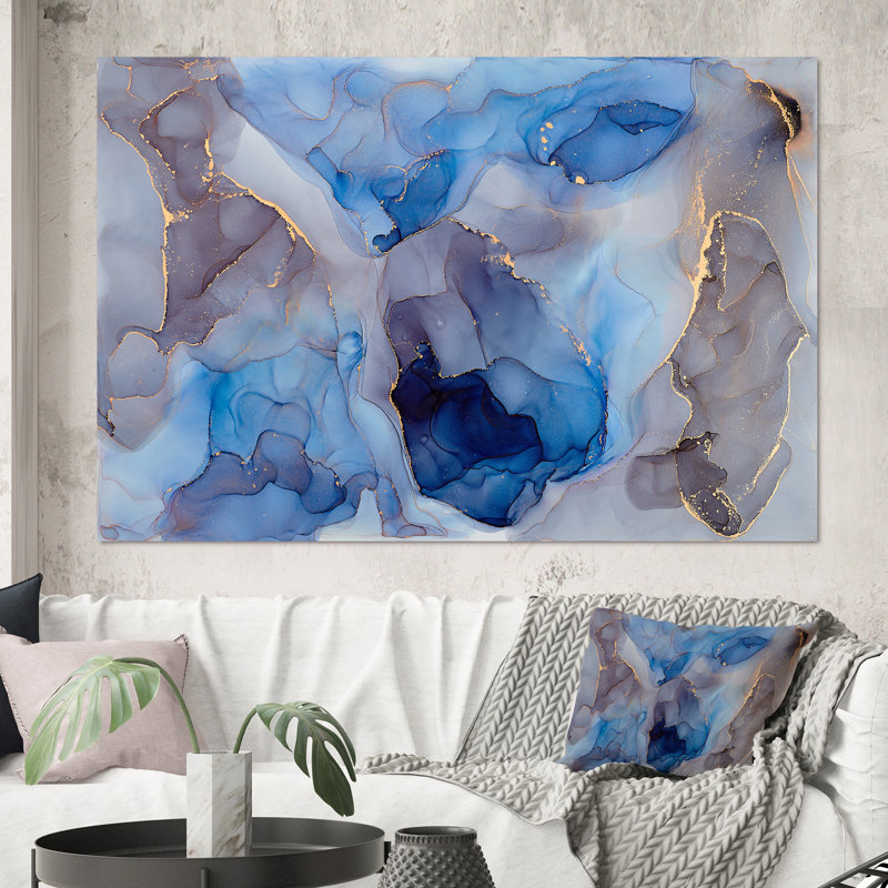 Bleu et gris luxueux abstrait fluide III - peinture sur toile, Toile tendue, H 40 po x l 60 po x P 1,5 po
