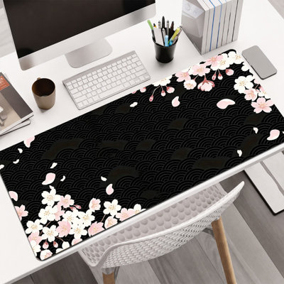 Rubber Mouse Pad, Smooth Microfiber Surface, Non-Slip Base, Rounded Edge Decorative Mouse Mat for Office & Gaming,12×32 Inch ,Black Cherry Blossom Motif