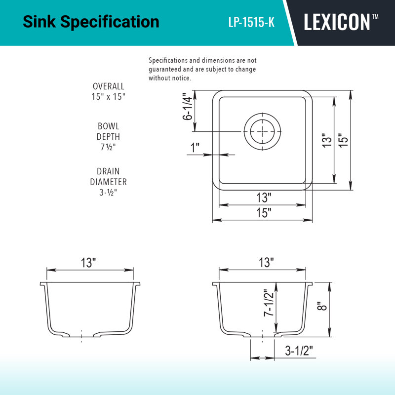 15" x 15" Quartz Kitchen Sink, Single Bowl Sink, Drop-in Sink, Undermount Sink, Granite Kitchen Sink, Black