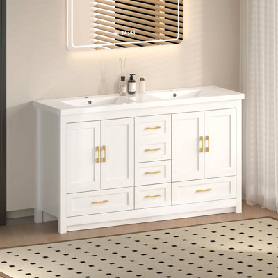 Meuble-lavabo blanc 60 po. Armoire de rangement abondante - 4 portes à fermeture douce et 5 tiroirs
