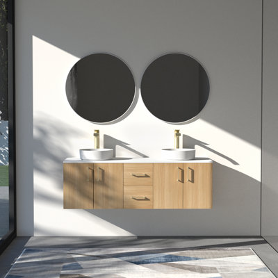 Meuble-lavabo mural 60 po avec comptoir en pierre de quartz blanc et double vasque ronde en céramique