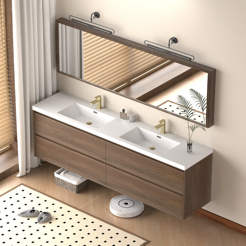 Évier intégré 84 po en résine blanche pour meuble-lavabo double 84 po