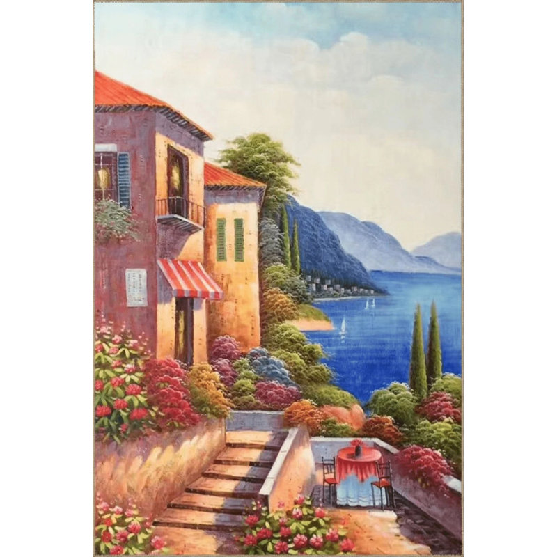 Tapestry Design Holiday Village Themed Sea And Mountain Patterned Vintage Decorative, Rectangle 3'4" x 6'7"