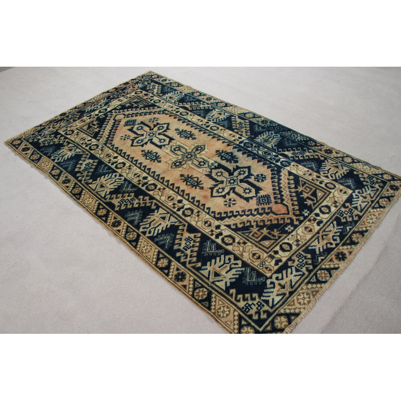 Tapis turc fait à la main avec motif géométrique unique en bleu et beige pour le salon et la chambre à coucher