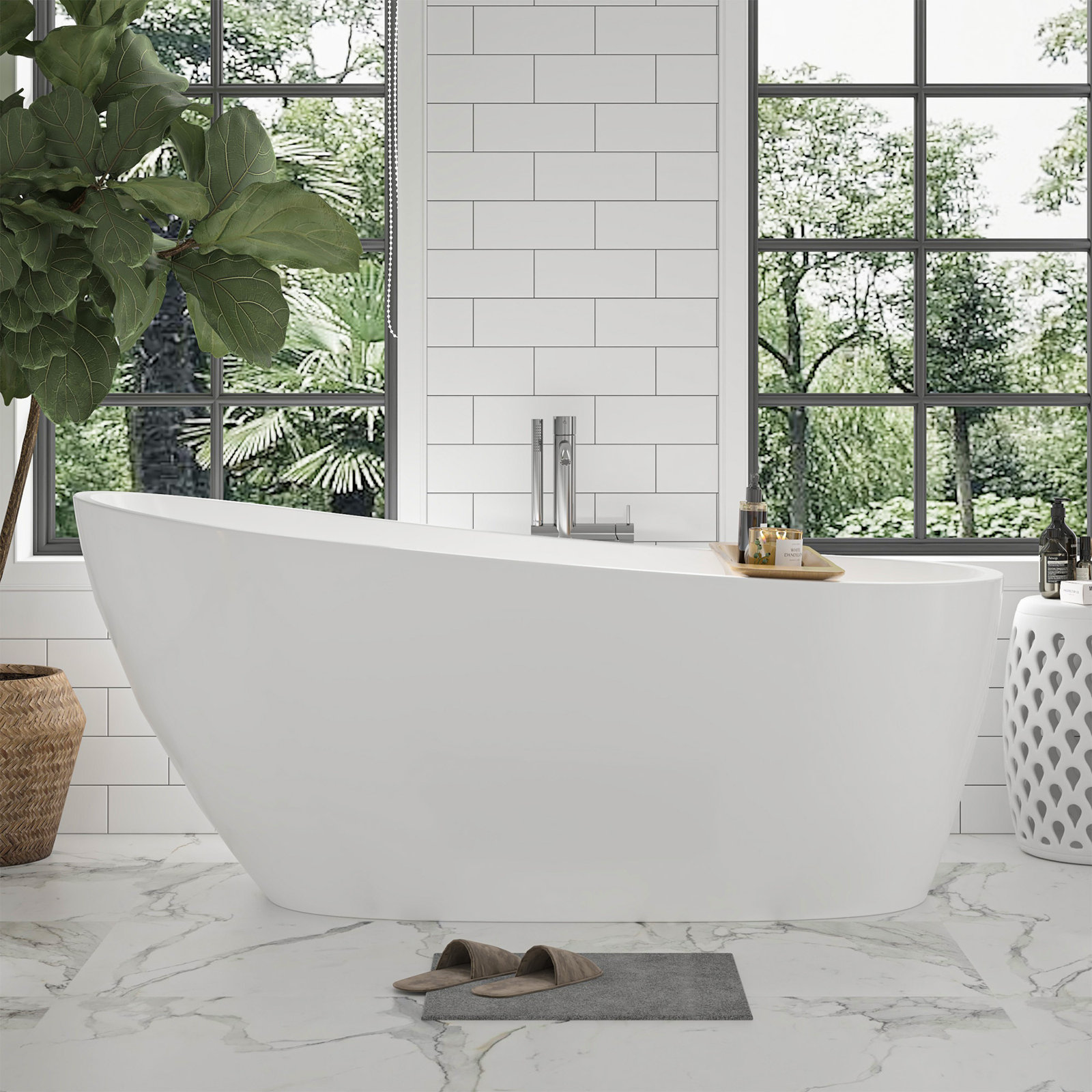 Cora 67" x 32" Freestanding Acrylic Bathtub, White/Titanium Gold