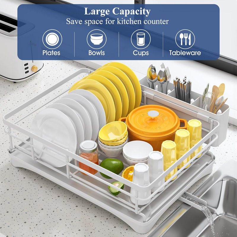 White Stainless Steel Countertop Dish Rack with Utensil Holder