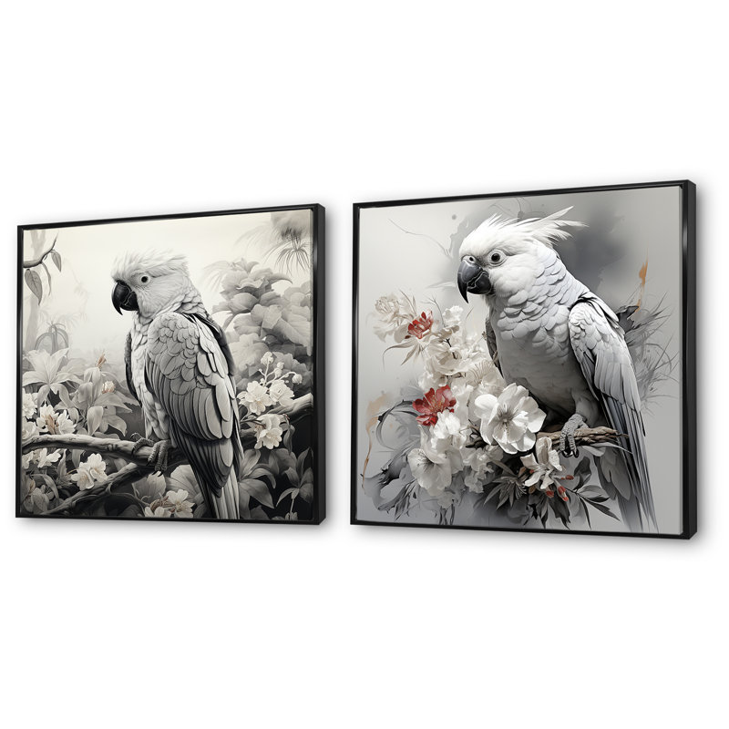Ensemble de salon mural gris avec perroquet tropical Grace I - 2, Cadre flottant noir, H 30 po x l 61 po x P 1 po