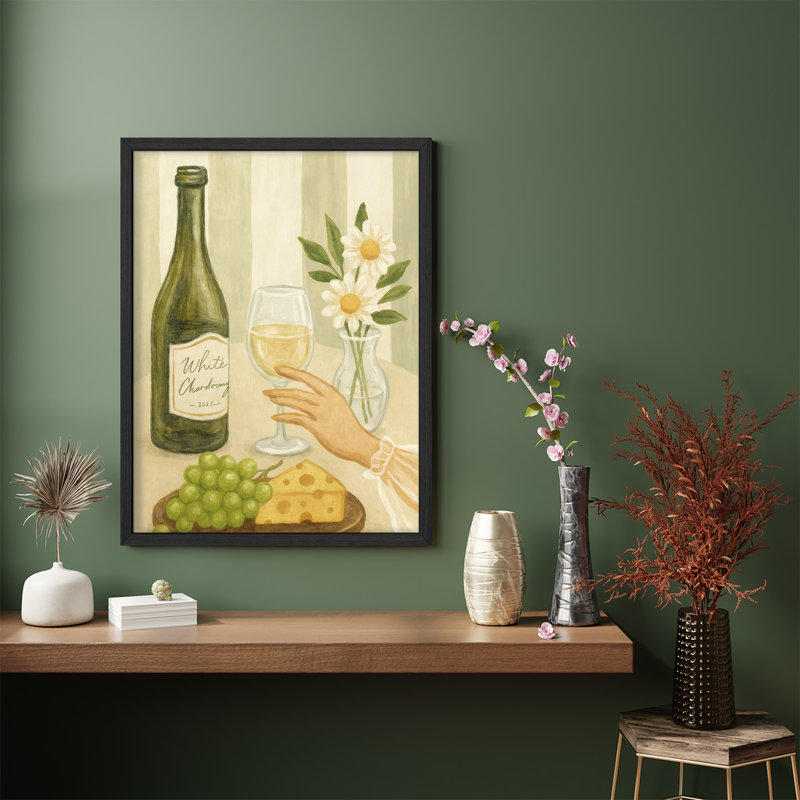 «Wine and Cheese Still Life», impression encadrée de chardonnay blanc élégant pour décor de salle à manger ou de bar, Naturel