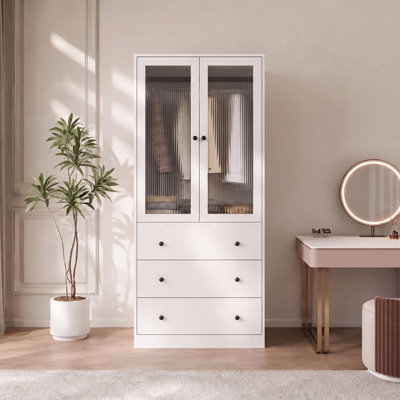 20" D Armoire Wardrobe Closet With Fluted Glass, 71" H Clothing Storage Cabinet With Hanging Rod And Soft-Close Doors