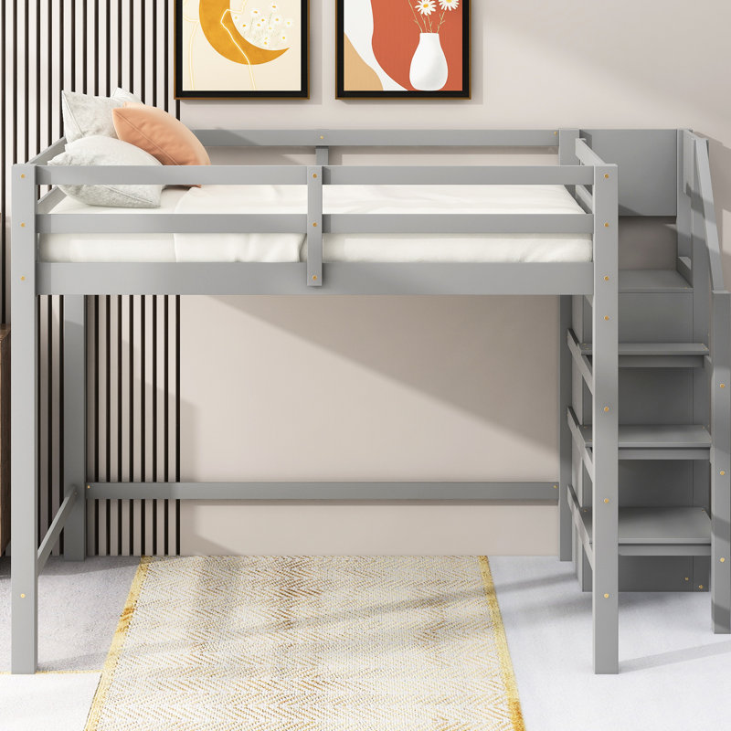 Full Size Loft Bed With Grey Built-in Storage And Mounting Facilities - Bedroom Asset Multi-purpose Stairs Space, Grey