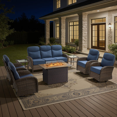 7 - Person Fire Pit Outdoor Wicker Conversation Furniture Set With 6" Cushions, 55,000 BTU Propane Table