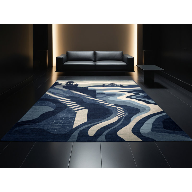Machine Washable Parez Varanasi Ghats Global Inspired Block Print Rug in Gray – Navy Binding, 7x9