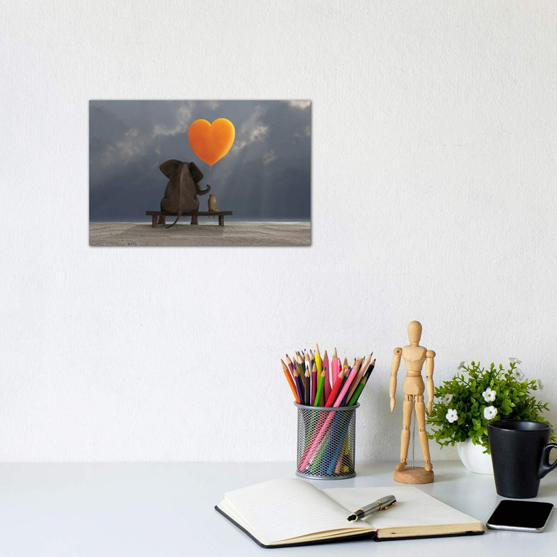 Elephant And Dog Holding A Heart Shaped Balloon by Mike Kiev - Wrapped Canvas Print, 20.32 cm H x 30.48 cm W