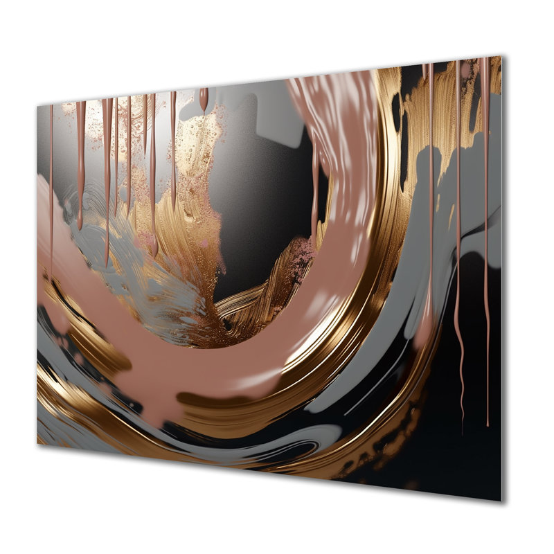 Abstrait doré et rose Infinity Rivers III - art mural abstrait à l'encre liquide en métal, H 24 po x l 32 po x P 1 po