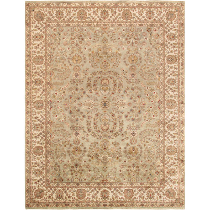 Tapis brun / ivoire oriental en laine / coton noué à la main 7 pi 10 po x 9 pi 10 po Oriental, 7 pi 10 po x 9 pi 10 po