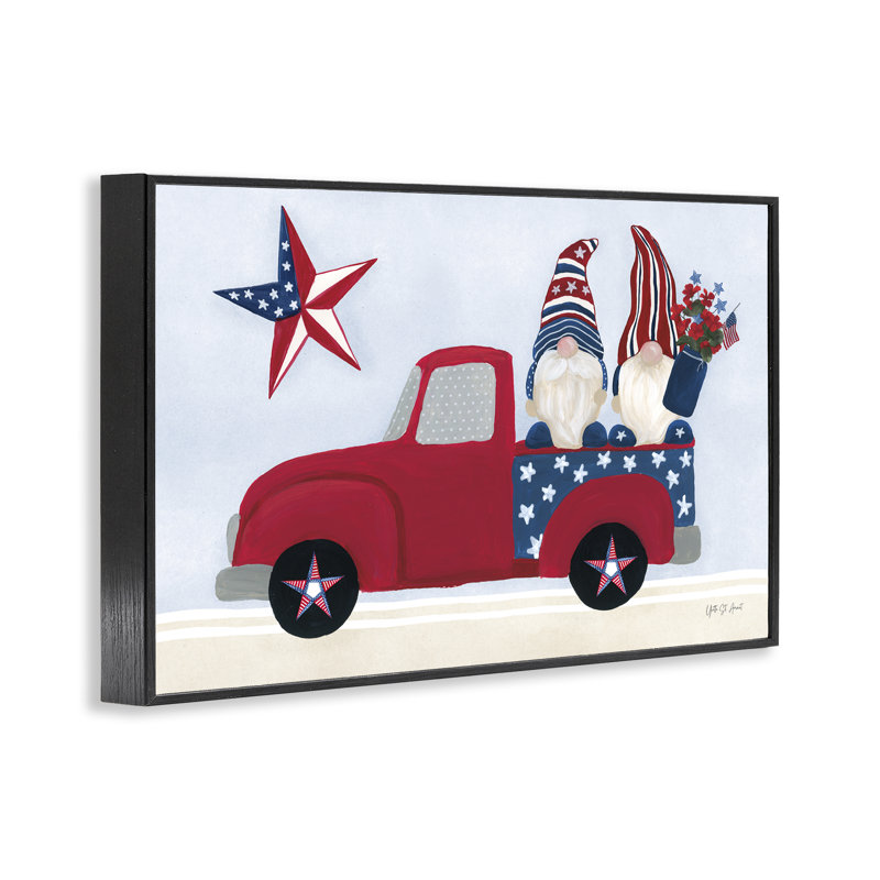  Gnomes patriotiques en camion, estampe numérique par Yvette St. Amant, H 12 po x l 18 po, Giclée encadrée noir minuit