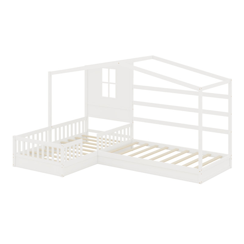 Lit en bois, structure en L à 2 lits avec clôture et structure à lattes, Blanc