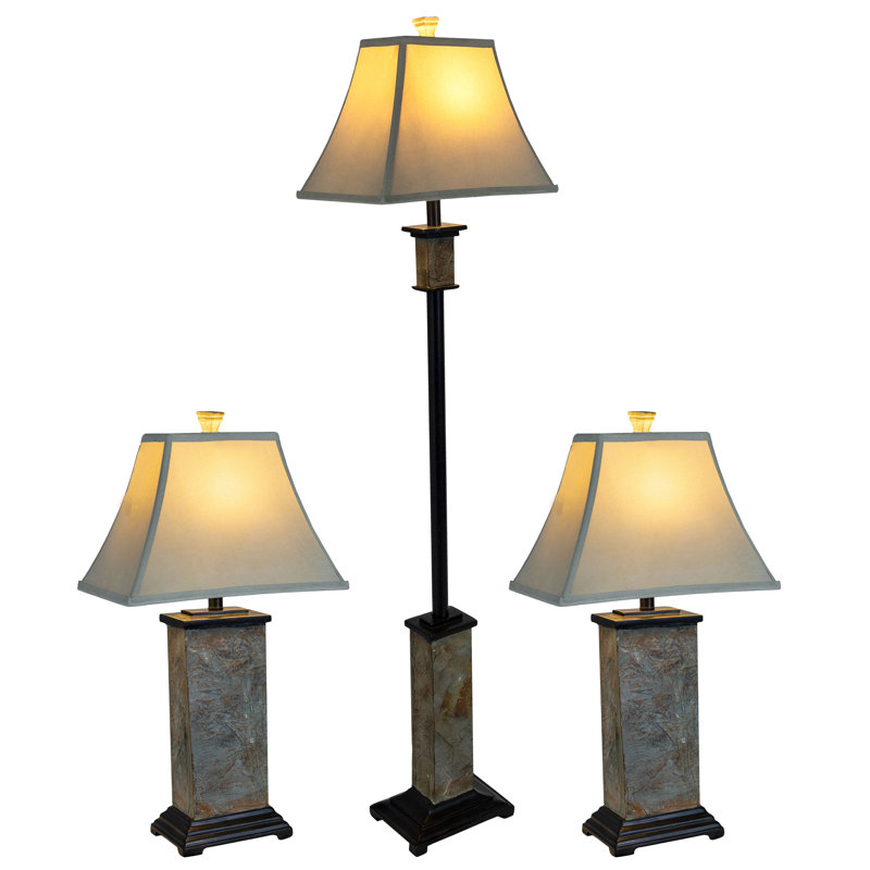 Timeless Abode 3-Piece Floor and Table Lamp Set, Gray Slate with White Shade