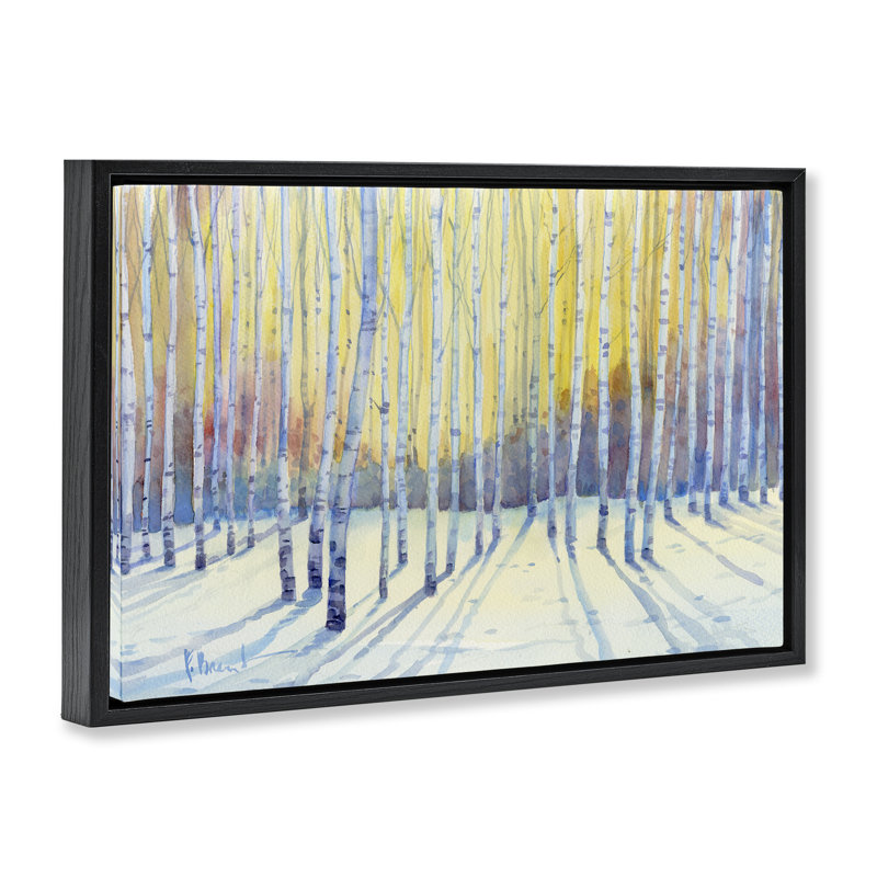 Cadre flottant Sunlit Winter Birch Trees, design par Paul Brent, H 21 po x l 31 po, Cadre flottant noir de jais