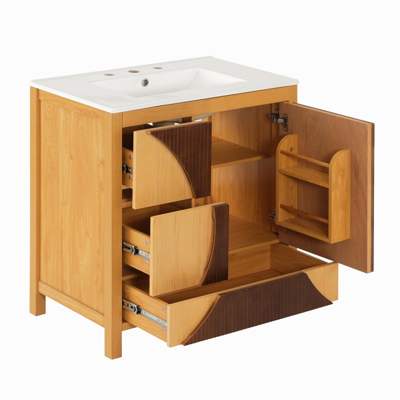 Meuble-lavabo de style moderne Mid-Century 30 po avec lavabo - Armoire autoportante en bois artistique avec 3 tiroirs et porte à fermeture en douceur, panneau à cannelures bicolore