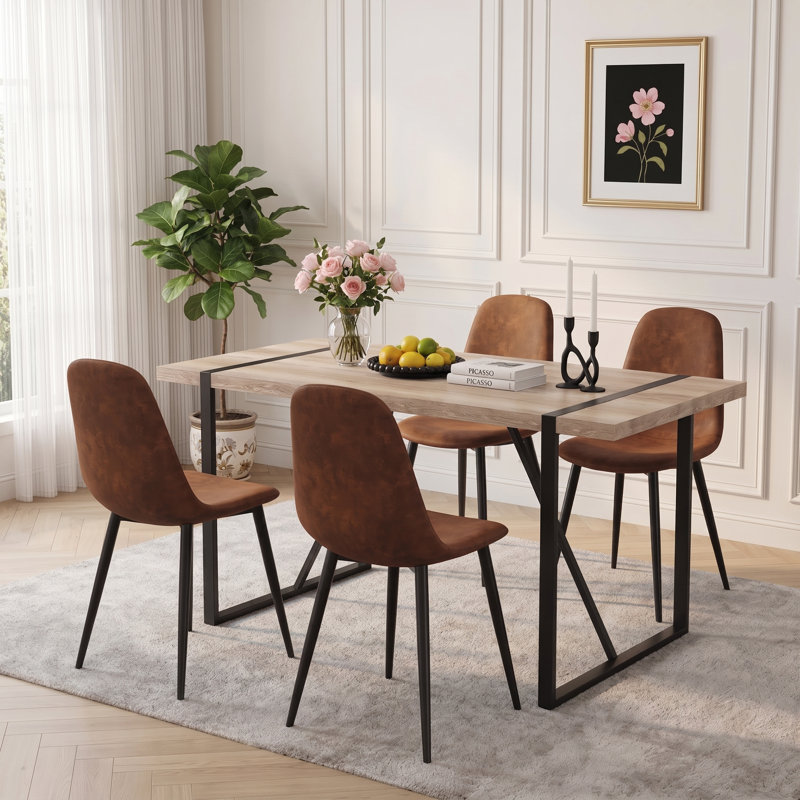 5-Piece Modern Industrial Rectangular Wood Dining Set with Upholstered Chairs, Brown, Natural Oak