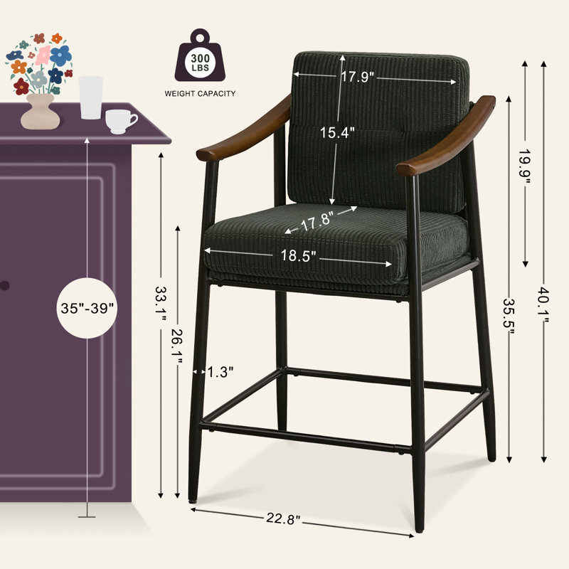 26-inch Medieval Style Bar Stool, Wooden Armrests, Sturdy Thickened Metal Frame, Classic High Stool, Green Corduroy, 1